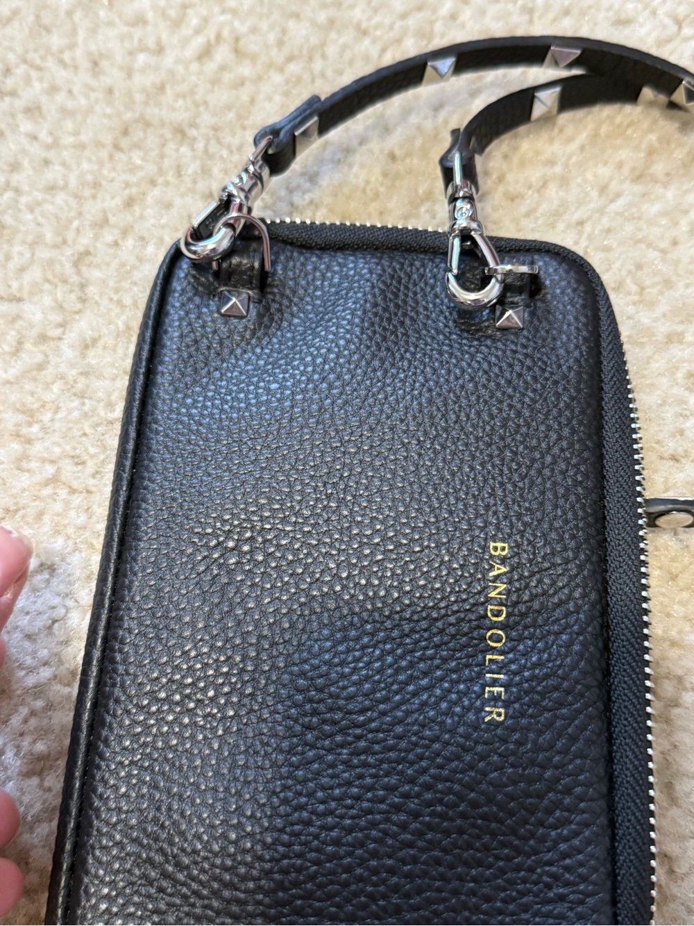 Bandolier Black Pebbled Leather Crossbody Wallet with Studded Strap - Picture 6 of 6